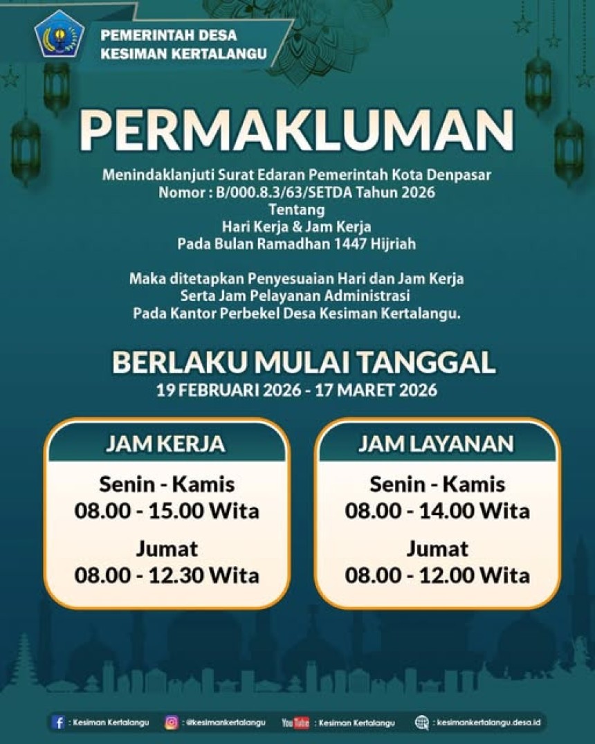 HARI KERJA DAN JAM KERJA PADA BULAN RAMADHAN 1447 HIJRIAH