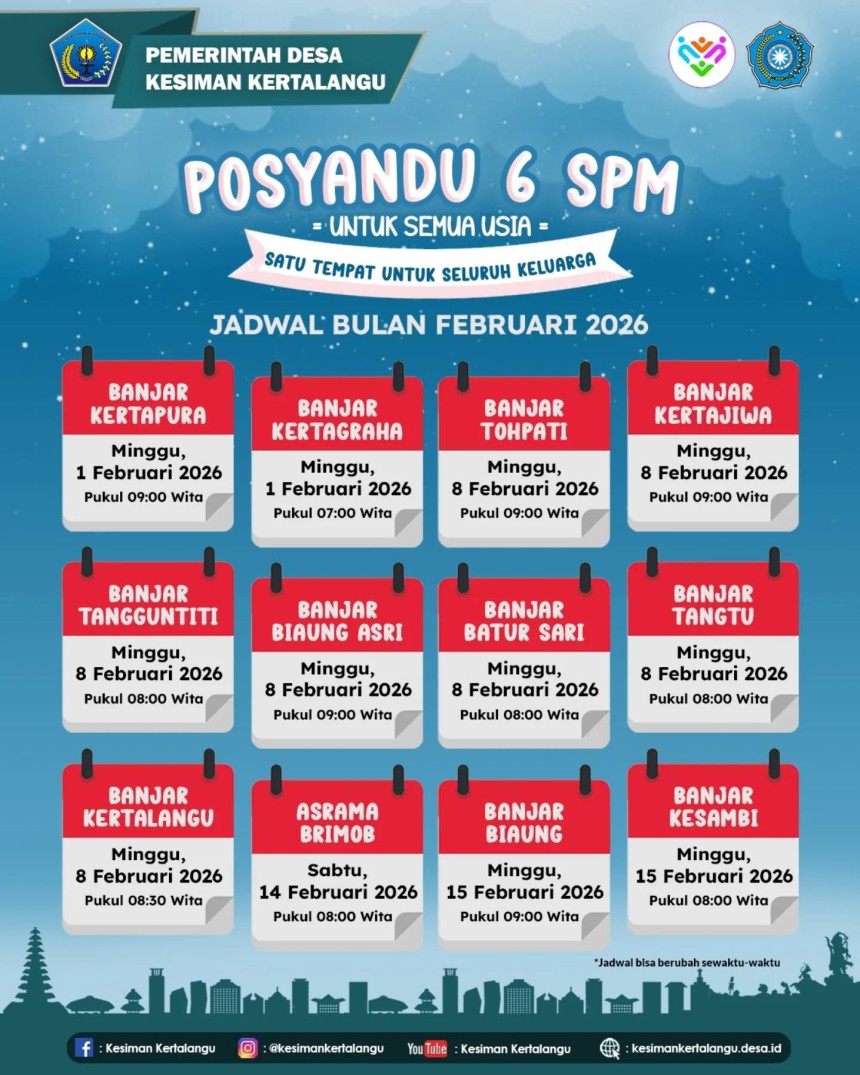 Jadwal Kegiatan Posyandu 6 SPM di wilayah Desa Kesiman Kertalangu pada bulan Februari 2026.