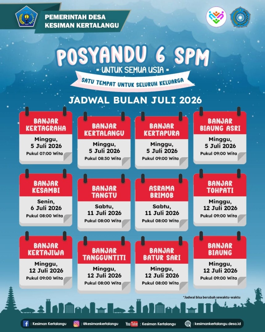 Jadwal Posyandu 6 SPM bulan Juli 2026