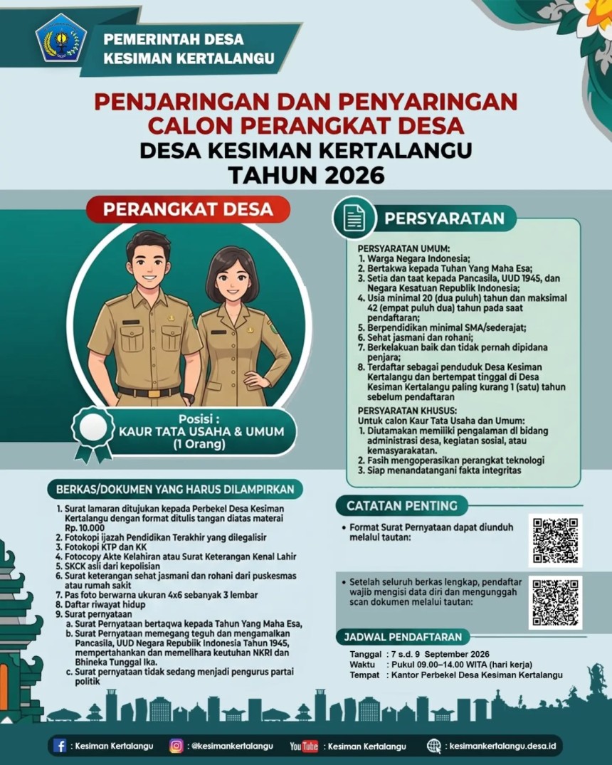 OPEN RECRUITMENT PERANGKAT DESA KESIMAN KERTALANGU TAHUN 2026