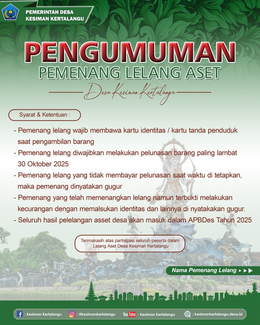 PENGUMUMAN PEMENANG LELANG ASET DESA KESIMAN KERTALANGU