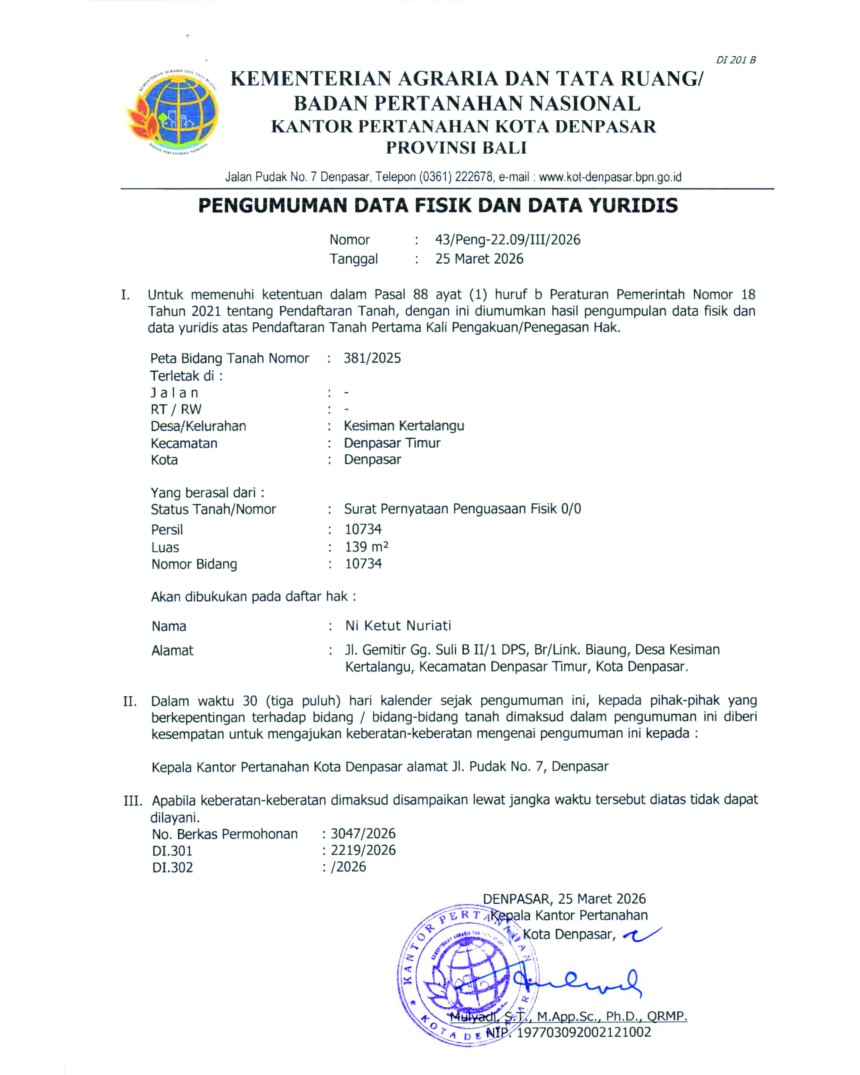 PENGUMUMAN PENDAFTARAN PERTANAHAN PERTAMA KALI LINK. DUSUN BIAUNG