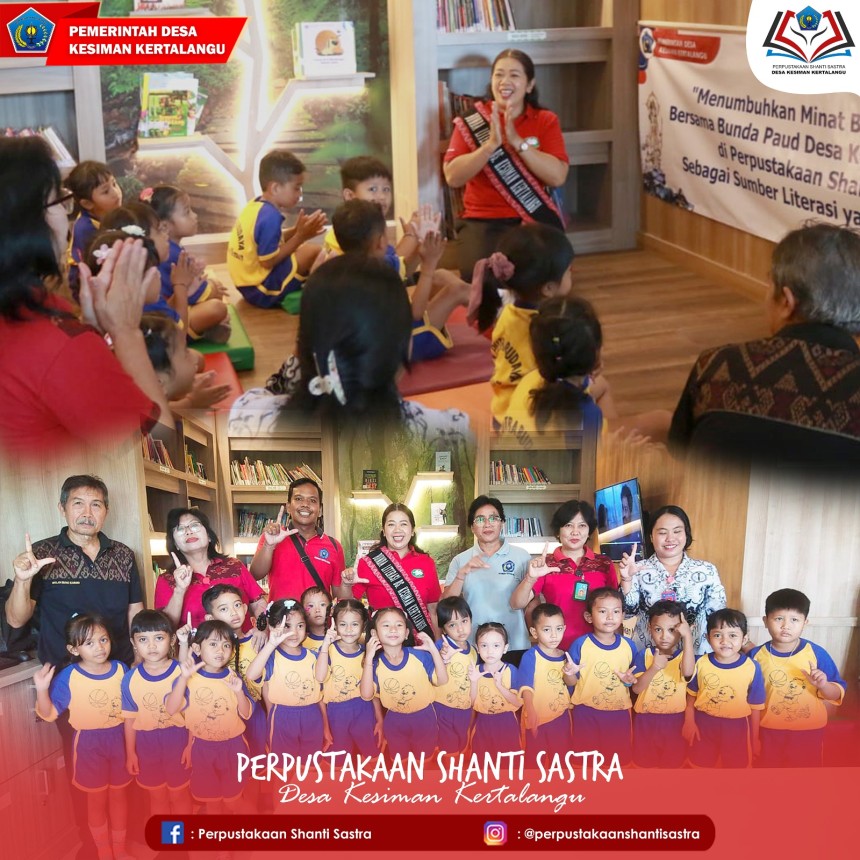 TK Putra Budaya berkunjung dan berkegiatan (belajar) di Perpustakaan Shanti Sastra Desa Kesiman Kertalangu.