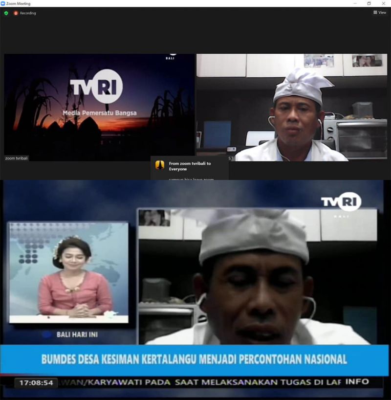 Wawancara TVRI via online dengan Perbekel Desa Kesiman Kertalangu terkait BUMDES Kerta Sari Utama menjadi Percontohan BUMDES Berinovasi Tingkat Nasional di Indonesia